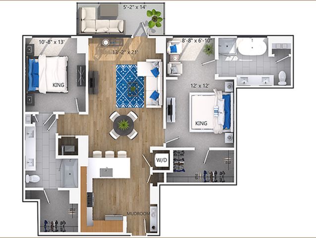 Modern floor plan featuring 2 king bedrooms, open-concept living room, gourmet kitchen, and stylish mudroom.