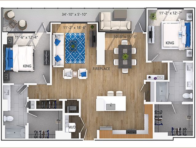 Elegant floor plan showcasing a spacious open-concept living and dining area with a fireplace, two king-sized bedrooms, a sleek kitchen, and modern amenities.