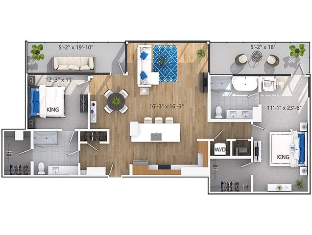 Modern 2D floor plan showcasing a spacious 2-bedroom apartment with elegant king-sized bedrooms, open living and dining area, stylish kitchen island, and an inviting balcony space.
