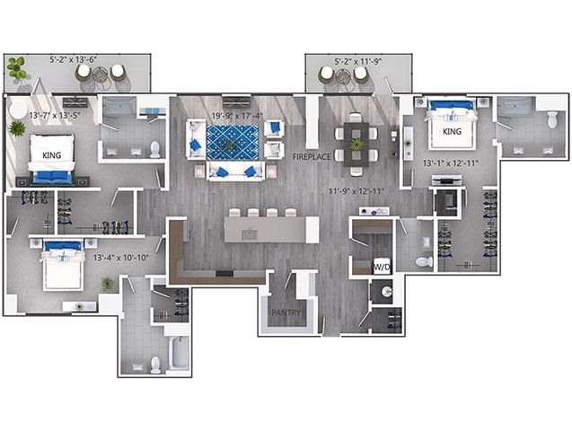 Contemporary floor plan showcasing two luxurious king bedrooms, a stylish open-concept living area with fireplace, and a sleek modern kitchen with pantry. Spacious design perfect for elegant living.