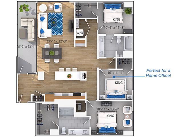 Modern 3-bedroom apartment floor plan with spacious open-concept living area, sleek kitchen, and versatile room perfect for a home office.