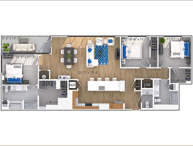 Chic and modern floor plan showcasing a spacious 3-bedroom layout with elegant living and dining areas, a stylish kitchen, and two luxurious bathrooms.
