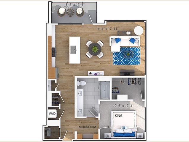 Modern apartment floor plan showcasing 1 bedroom, open living room, stylish kitchen, and cozy outdoor patio.