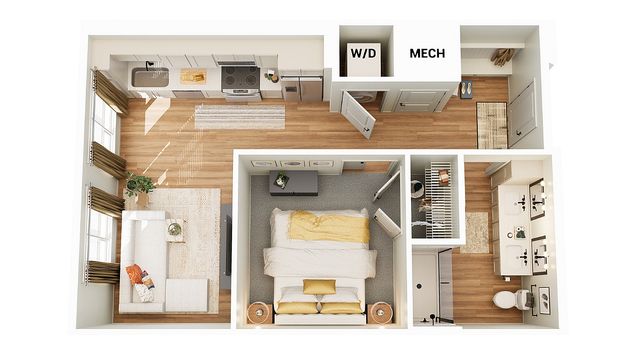 Charming 3D floor plan showcasing a one-bedroom apartment with a cozy living area, modern kitchen, and a sleek bathroom. Features include in-unit washer/dryer, stylish wood flooring, and ample closet space.