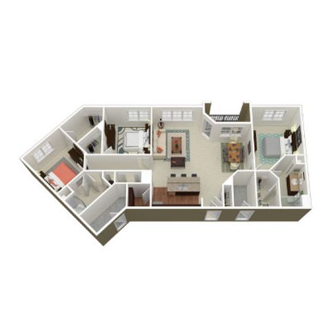 Modern and spacious 3D floor plan featuring three bedrooms, a cozy living area, and a versatile kitchen with ample natural light.