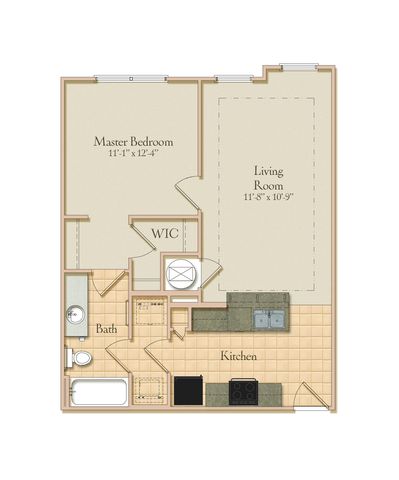 Charming floor plan highlighting a master bedroom with a walk-in closet, a cozy living room, and a well-organized kitchen layout.