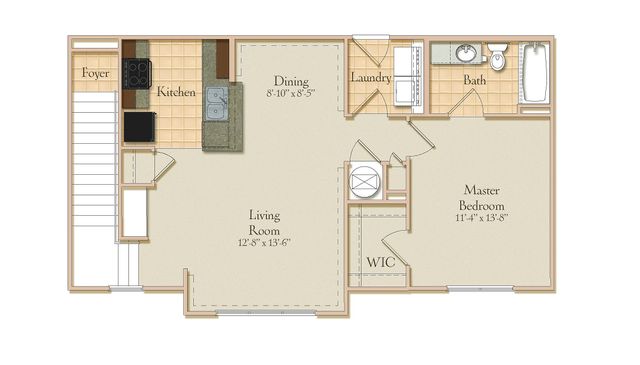 Elegant 1-bedroom floor plan featuring a spacious living room, modern kitchen, dining area, and convenient laundry space.
