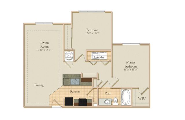Modern 3D floor plan showcasing two cozy bedrooms, a stylish open kitchen, and a spacious living dining area with hardwood floors.