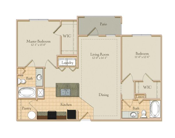 Modern floor plan features 2 bedrooms, open living and dining area, and a stylish kitchen with pantry, plus two bathrooms and a cozy patio.