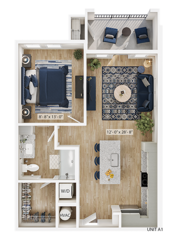 Chic 1-bedroom apartment floor plan featuring an open living area, modern kitchen with island, stylish bathroom, and a cozy balcony. Unit A1 offers a comfortable and efficient layout.