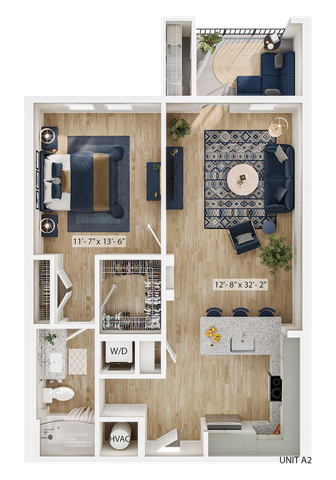 Modern 1-bedroom apartment floor plan featuring a spacious living area, open kitchen with an island, cozy balcony, and convenient walk-in closet.