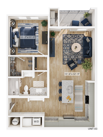 Modern floor plan of Unit A3 showcasing a spacious 1-bedroom layout with an open-concept living area, contemporary kitchen, cozy balcony, and elegant bathroom.