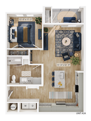 Modern 1-bedroom apartment floor plan showcasing a spacious open-concept living area with elegant furnishings, a stylish kitchen with counter seating, and a cozy lounge balcony.