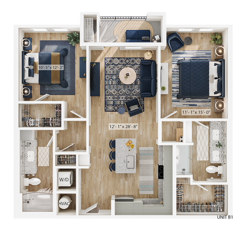 Modern floor plan showcasing a 2-bedroom unit with open living and dining area, featuring a spacious kitchen island and stylish decor.