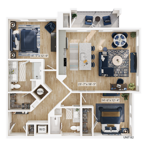 Modern 2D floor plan of Unit B2 featuring a spacious open-concept living and dining area, two elegant bedrooms, two bathrooms, and a convenient kitchen island layout.
