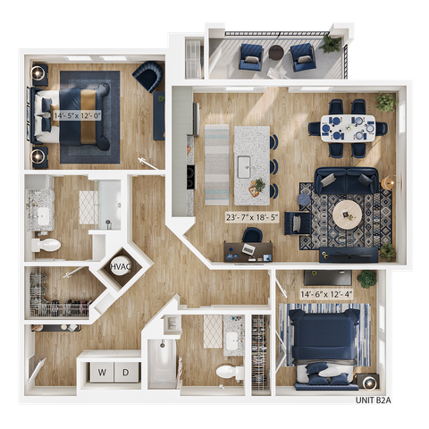 Modern 2D floor plan for Unit B2A featuring 2 spacious bedrooms, a well-appointed open kitchen with island seating, elegant dining area, cozy living room, and sleek bathrooms.