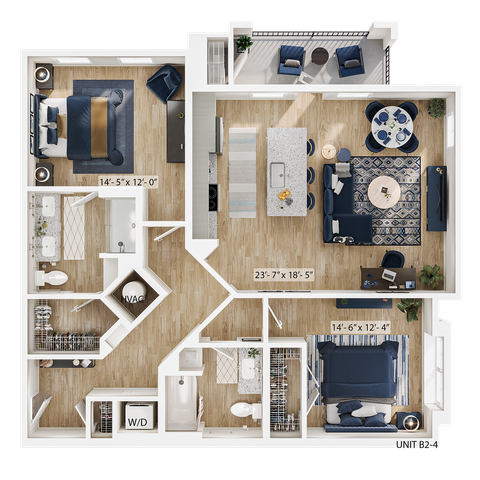 Chic apartment floor plan featuring two elegant bedrooms, modern open-concept living and dining area, spacious kitchen with island, two stylish bathrooms, and a cozy balcony. Perfect blend of comfort and functionality.