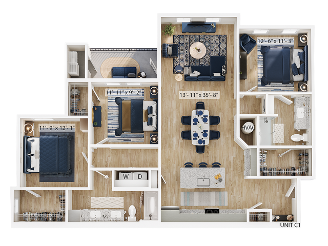Elegant 3-bedroom floor plan featuring a spacious open-concept living area, modern kitchen with island, and private balcony, ideal for stylish living.