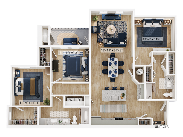 Modern apartment floor plan with 2 spacious bedrooms, elegant open-concept living area, stylish kitchen, and two sleek bathrooms. Unit features dedicated laundry space and cozy outdoor patio, perfect for comfortable living.