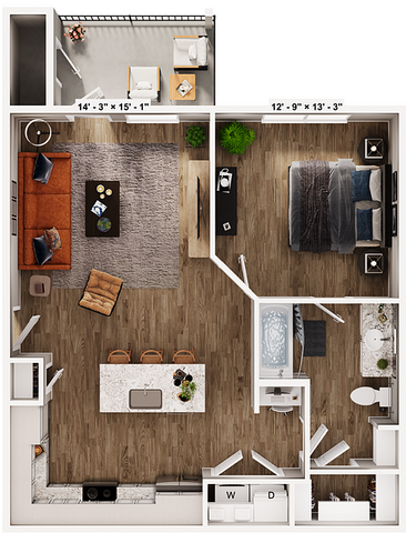 Modern floor plan featuring spacious open-concept living area, cozy bedroom, sleek kitchen with island bar, and stylish balcony overlooking scenery.