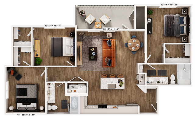 Modern 3D floor plan showcasing a spacious two-bedroom apartment with an open-concept living area, stylish kitchen with island, two bathrooms, and a cozy balcony seating area.