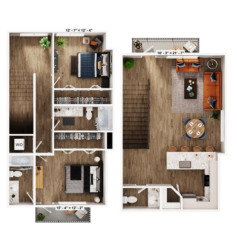 Modern split-level floor plan showcasing 2 bedrooms, a chic open-concept living room with dining area, and a contemporary kitchen. Cozy balcony, spacious closets, and two elegant bathrooms complete this stylish apartment.