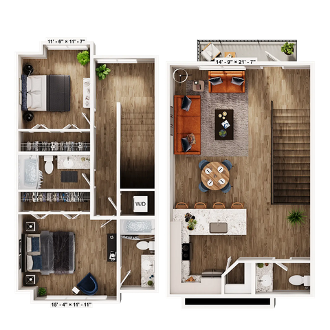 Modern duplex floor plan showcasing spacious open-concept living and dining area, stylish kitchen with island seating, two cozy bedrooms, and a private balcony.