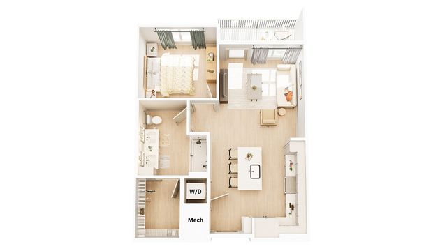 Elegant 3D floor plan showcasing a modern one-bedroom apartment with open living space, sleek kitchen, and cozy balcony.
