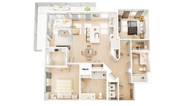 Elegant floor plan showcasing 2 bedrooms, modern kitchen with island, cozy living room, and spacious balcony.