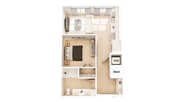 Modern 1-bedroom apartment floor plan with an open living area, sleek kitchen, and convenient in-unit washer/dryer.