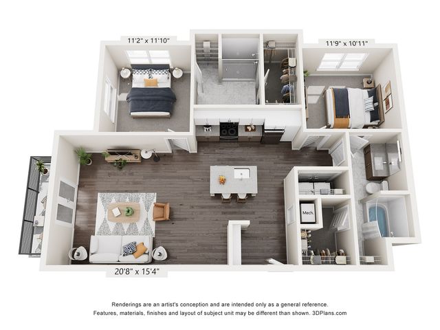 Modern 3D floor plan showcasing an elegant open-concept living space, two cozy bedrooms, a gourmet kitchen with an island, and a sleek bathroom. Ideal for stylish urban living.