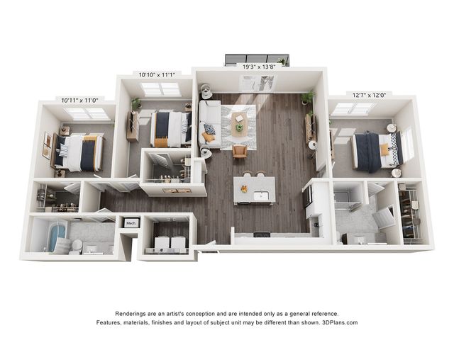 Modern 3-bedroom apartment floor plan with open living area, stylish kitchen, and contemporary design.