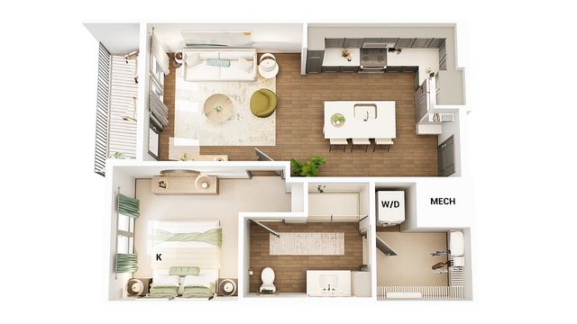 Chic floor plan highlighting a modern 1-bedroom apartment with open-concept living room, stylish kitchen, spacious bathroom, and balcony.