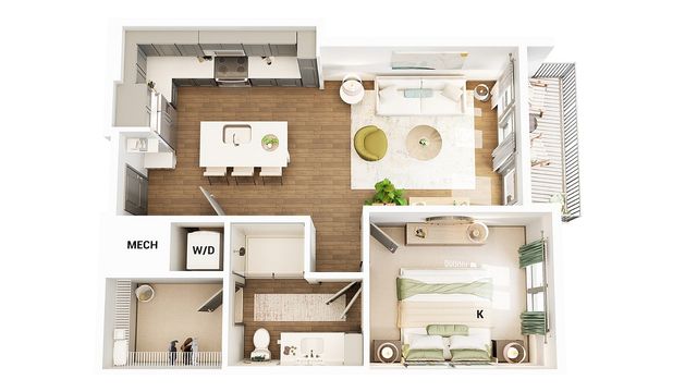 Modern 3D floor plan featuring a spacious open kitchen with island, cozy living room, large bedroom with elegant decor, and inviting balcony.
