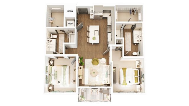 Elegant apartment floor plan showcasing two luxurious bedrooms, modern kitchen with island, spacious living area, and inviting balcony.