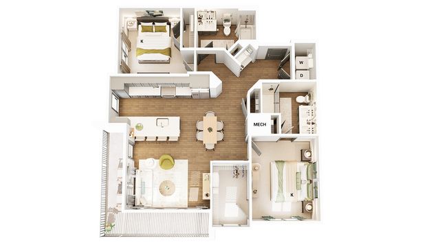 Contemporary 3D floor plan with two spacious bedrooms, modern kitchen, open living area, and balcony.