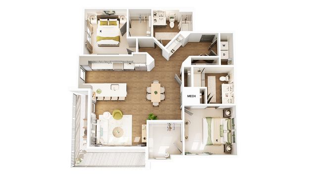Elegant 3D floor plan showcasing 2 bedrooms, an open kitchen with island, spacious living area, private balcony, and two bathrooms. Perfectly designed for modern living.