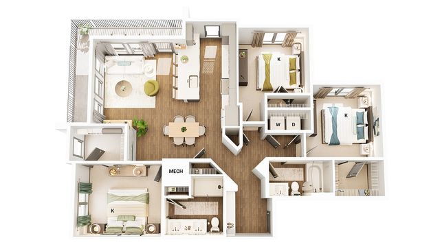 Elegant 3D floor plan featuring three bedrooms, a modern open-concept kitchen, cozy living area, and sleek dining space. Includes two bathrooms and a private balcony, designed for comfort and style.