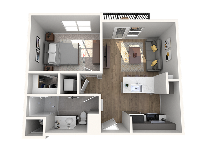 Modern floor plan showcasing a cozy 1-bedroom apartment with an open-concept kitchen and living area, featuring stylish wood flooring and a chic bathroom.