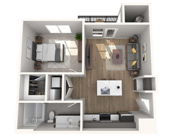Modern 3D floor plan featuring one bedroom, open living area with stylish furniture, and a sleek kitchen.
