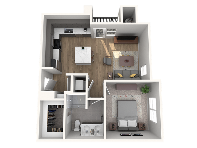 Vibrant 3D floor plan showcasing a modern apartment with a cozy bedroom, stylish bathroom, open kitchen, and inviting living area.