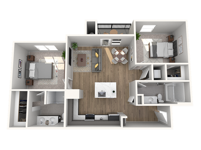 Contemporary 3D floor plan with 2 cozy bedrooms, a stylish open living space, a modern kitchen, and a private balcony.