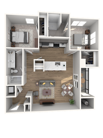 Elegant floor plan showcasing 2 bedrooms, a modern kitchen with island, cozy living area, and stylish dining space, complete with two bathrooms and ample closet space.
