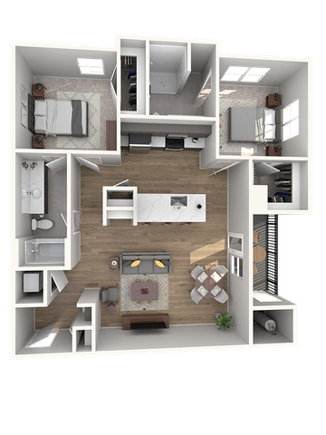 Modern apartment floor plan featuring 2 bedrooms, open kitchen, and cozy living area with balcony access.