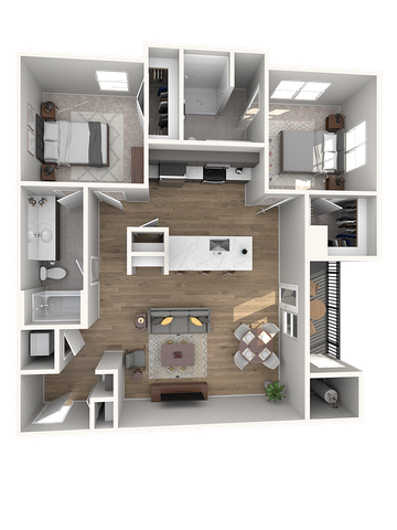 Modern 3D floor plan showcasing a spacious 2-bedroom apartment with an open living and dining area, sleek kitchen, dual bathrooms, and large windows for natural light.