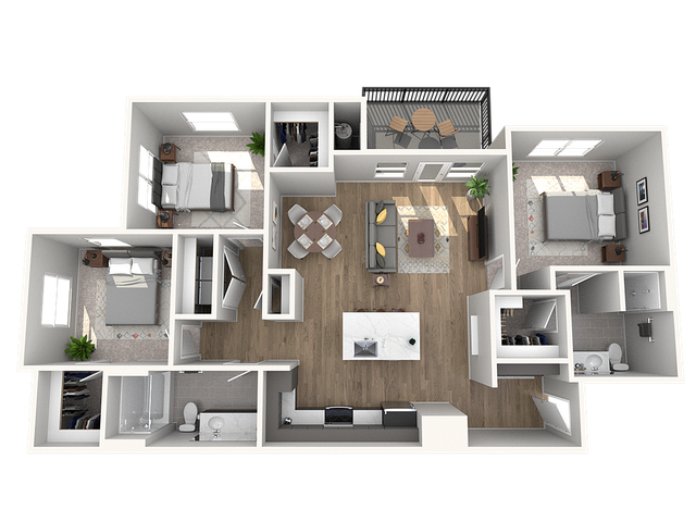 Modern 3D floor plan showcasing three spacious bedrooms, an open living and dining area, sleek kitchen, and a cozy balcony for outdoor relaxation.
