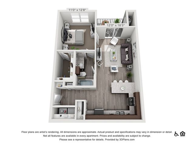 Modern 3D floor plan showcasing an inviting 1-bedroom apartment with a spacious living area, sleek kitchen, and cozy balcony.