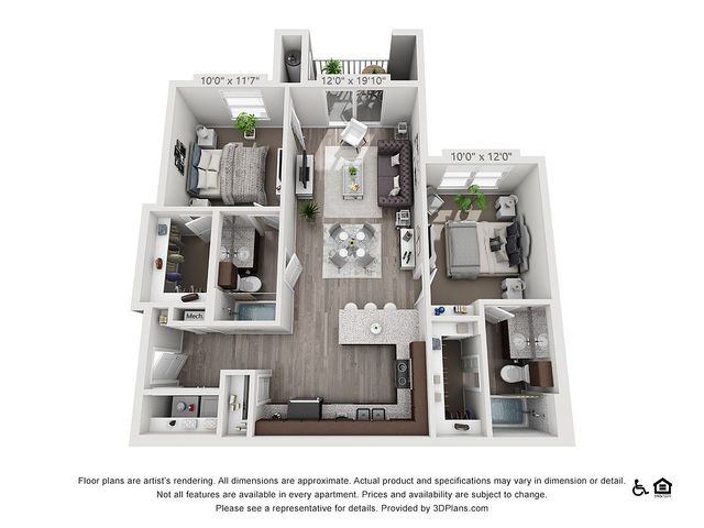 Charming 3D floor plan showcasing 2 bedrooms, an inviting living area, and a modern kitchen; includes 2 bathrooms and a cozy balcony. Ideal for stylish apartment living.