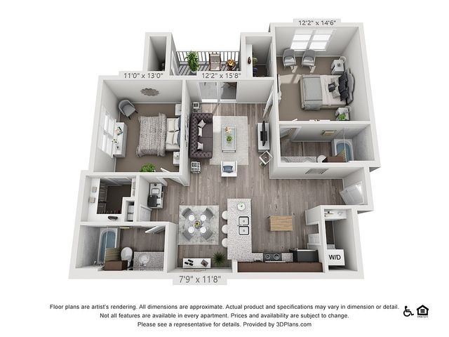 Modern 3D floor plan showcasing 2 bedrooms, a stylish open-concept living and dining area, sleek kitchen with island, and two bathrooms, perfect for luxurious urban living.