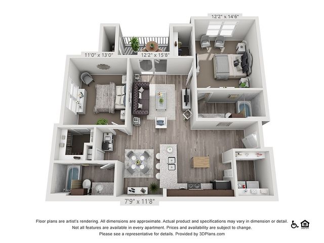 Chic 3D floor plan featuring 2 bedrooms, a cozy living room, modern kitchen, and inviting balcony, perfect for stylish urban living.